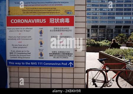 A sign gives out coronavirus information outside St Thomas' Hospital in London, England, on March 25, 2020. Around a largely shut-down country the covid-19 coronavirus continues to spread anxiety and disruption, with lockdown conditions imposed Monday night by British Prime Minister Boris Johnson now in their second day. It was announced today that Prince Charles, the 71-year-old heir to the British throne, has tested positive for the coronavirus and has 'mild symptoms'. A total of 468 people have now died after testing positive for the coronavirus in the UK. (Photo by David Cliff/NurPhoto)