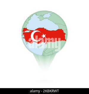 Turkey map, stylish location icon with Turkey map and flag. Green pin icon. Stock Vector