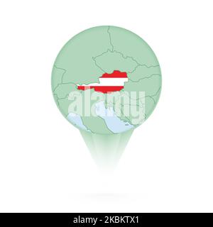 Austria map, stylish location icon with Austria map and flag. Green pin icon. Stock Vector