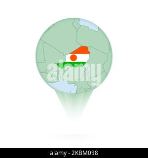 Niger map, stylish location icon with Niger map and flag. Green pin icon. Stock Vector