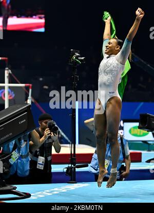 Liverpool, United Kingdom. 03rd Nov, 2022. World gymnastics championships 2022. The M&S Bank arena. Liverpool. Rebeca Andrade (BRA) celebrates her win with her national flag during the womens all round individual final at the World gymnastics championships 2022. Credit: Sport In Pictures/Alamy Live News Stock Photo