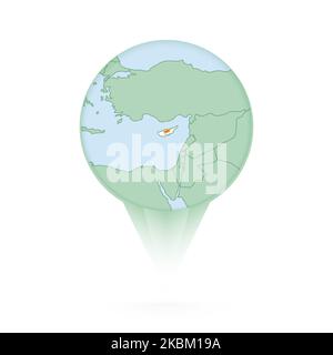 Cyprus map, stylish location icon with Cyprus map and flag. Green pin icon. Stock Vector