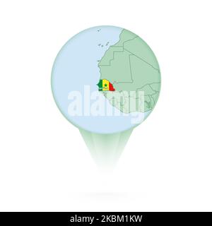 Senegal map, stylish location icon with Senegal map and flag. Green pin icon. Stock Vector