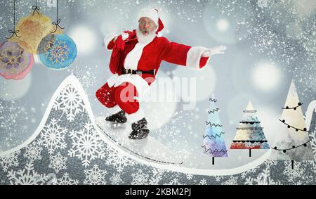 Emotional Santa Claus congrats with New Year and Christmas 2023. Winter, holidays, wishes and travel, adventures. Contemporary collage. Design for Stock Photo