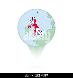 United Kingdom map, stylish location icon with United Kingdom map and flag. Green pin icon. Stock Vector