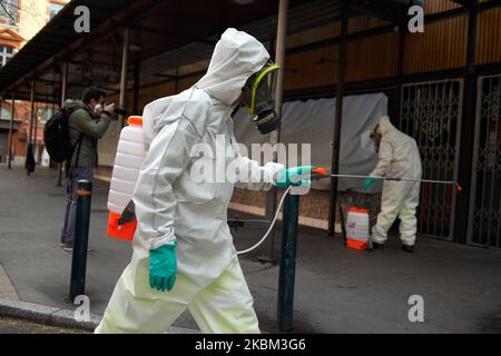 Toulouse has begun to disinfect its streets and urban furniture to stem the propagation of the coronavirus SRAS-COV-2, responsible of the Covid-19 disease. Cleaning worker use diluted bleach to spay. They wear protectice suits and gloves and a face mask. More than 180 places will be disinfected in the next few days. In France, to date, the SARS-COV-2 virus has killed more than 8000 people. Toulouse. France. April 7th 2020. (Photo by Alain Pitton/NurPhoto) Stock Photo