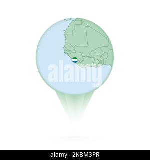 Sierra Leone map, stylish location icon with Sierra Leone map and flag. Green pin icon. Stock Vector