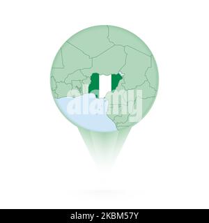 Nigeria map, stylish location icon with Nigeria map and flag. Green pin icon. Stock Vector
