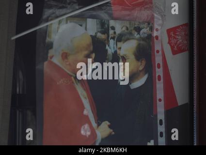 A photo of the Pope Jean Paul II meeting with Father Tadeusz Rydzyk seen in the window in Krakow. On Wednesday, April 8, 2020, in Krakow, Poland. (Photo by Artur Widak/NurPhoto) Stock Photo