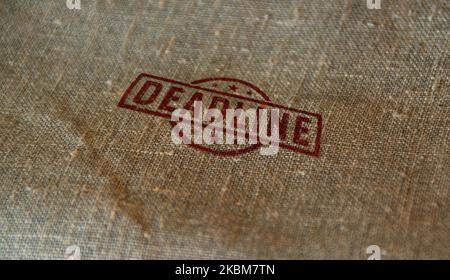Deadline stamp printed on linen sack. Business time shedule and work plan concept. Stock Photo