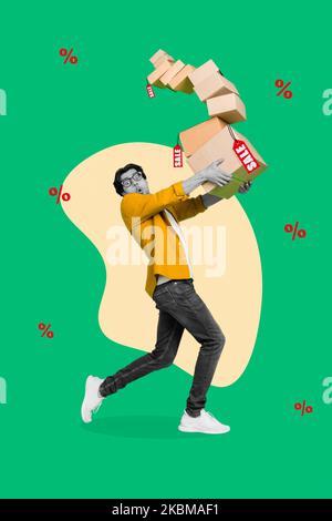 Vertical collage picture of impressed guy black white effect hold pile stack carton boxes sale percent isolated on creative background Stock Photo