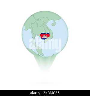 Cambodia map, stylish location icon with Cambodia map and flag. Green pin icon. Stock Vector