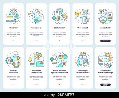 User experience design principles onboarding mobile app screen set Stock Vector