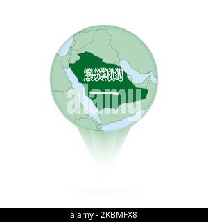 Saudi Arabia map, stylish location icon with Saudi Arabia map and flag. Green pin icon. Stock Vector
