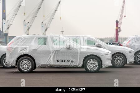 View of the Volvo cars plant in Gent, Belgium on April 19, 2020. Volvo Cars are restarting production at its Torslanda plant in Sweden on Monday (20 April), following a short period of downtime related to the corona (Covid-19) virus pandemic. Volvo's factory in Ghent, Belgium, will reopen on 20 April, but at reduced production output. (Photo by Jonathan Raa/NurPhoto) Stock Photo