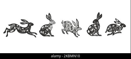 Collection of rabbits, bunnies illustrations. Chinese new year 2023 year of the rabbit - set of traditional Chinese zodiac symbol, illustrations, art Stock Vector