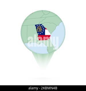 Georgia map, stylish location icon with Georgia map and flag. Green pin icon. Stock Vector