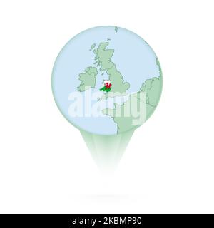 Wales map, stylish location icon with Wales map and flag. Green pin icon. Stock Vector