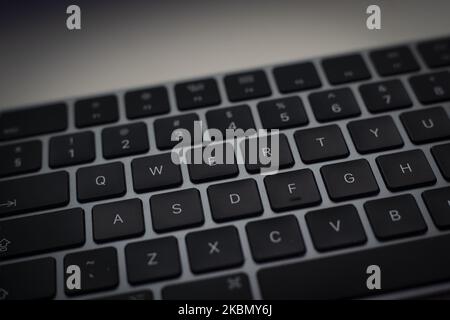 The QWERTY keys are seen on an Apple Magic Keyboard in Warsaw, Poland on April, 24, 2020. (Photo Illustration by Jaap Arriens/NurPhoto) Stock Photo