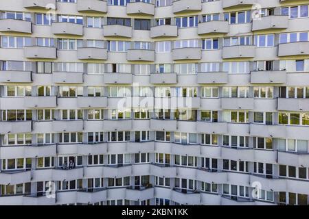 A residential building is seen in this aireal photo in Warsaw, Poland on April 27, 2020. The Polish government is facing an increasing push-back from it's opposition and local authorities in it's attempt to organize presidential elections during an epidemic. The ruling Law and Justice party has pushed through changes in legislation to go ahead with a postal vote despite health concerns and logistical complications. Starting May 4 the playgrounds will re-open as the goverment slowly eases restrictions on public life. (Photo by Jaap Arriens/NurPhoto) Stock Photo