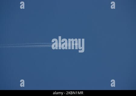 A Mahan Air, quad engine, commercial aircraft Airbus A340 as seen flying in the blue sky over Thessaloniki, Greece at the altitude of 39000 feet during a sunny day, leaving behind contrails or vapor condensation line. The transatlantic flight is from Las Piedras LSP airport in Venezuela to the capital of Iran, Search Results Web results Tehran Imam Khomeini International Airport. The wide-body long haul A340-600 or A346 plane has the registration EP-MMI and is powered by 4x RR jet engines. Mahan Airlines W5 IRM is a private airline based in Tehran. April 28, 2020 (Photo by Nicolas Economou/Nur Stock Photo