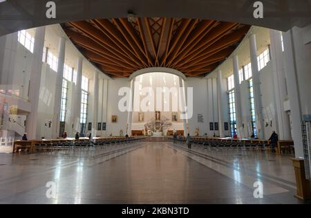 A view of the Sanctuary of the Divine Mercy, the resting place of Saint Faustina Kowalska, seen on the eve of the 20th anniversary of Sister Faustina's canonization. Maria Faustyna Kowalska, also known as Sister Maria Faustina of the Blessed Sacrament, was a Polish Roman Catholic nun. Her apparitions of Jesus Christ inspired the Roman Catholic devotion to the Divine Mercy. The Roman Catholic Church canonized Sister Faustina as a saint on 30 April 2000. On Wednesday, April 29, 2020, in Lagiewniki, Krakow, Poland. (Photo by Artur Widak/NurPhoto) Stock Photo