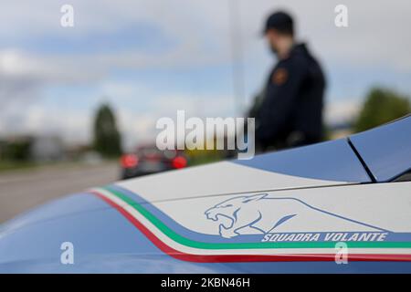 Police checkpoint during COVID-19 pandemic in Italy on April 28, 2020 in Carpi, Italy. (Photo by Emmanuele Ciancaglini/NurPhoto) Stock Photo