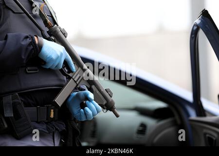 Police checkpoint during COVID-19 pandemic in Italy on April 28, 2020 in Carpi, Italy. (Photo by Emmanuele Ciancaglini/NurPhoto) Stock Photo