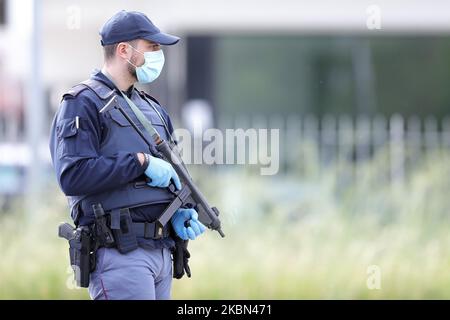 Police checkpoint during COVID-19 pandemic in Italy on April 28, 2020 in Carpi, Italy. (Photo by Emmanuele Ciancaglini/NurPhoto) Stock Photo