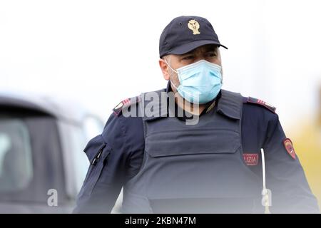 Police checkpoint during COVID-19 pandemic in Italy on April 28, 2020 in Carpi, Italy. (Photo by Emmanuele Ciancaglini/NurPhoto) Stock Photo