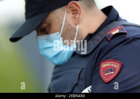 Police checkpoint during COVID-19 pandemic in Italy on April 28, 2020 in Carpi, Italy. (Photo by Emmanuele Ciancaglini/NurPhoto) Stock Photo