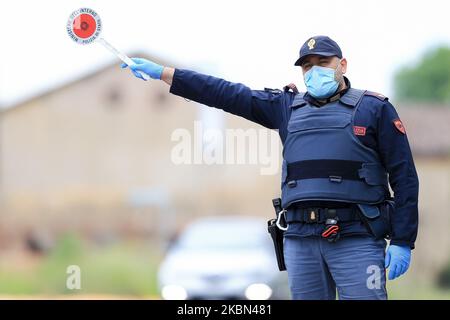 Police checkpoint during COVID-19 pandemic in Italy on April 28, 2020 in Carpi, Italy. (Photo by Emmanuele Ciancaglini/NurPhoto) Stock Photo