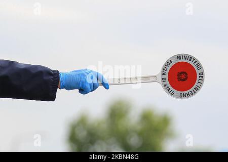 Police checkpoint during COVID-19 pandemic in Italy on April 28, 2020 in Carpi, Italy. (Photo by Emmanuele Ciancaglini/NurPhoto) Stock Photo