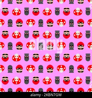Mustachioed plumber video game pattern. Ornament of kids fabric Stock Vector