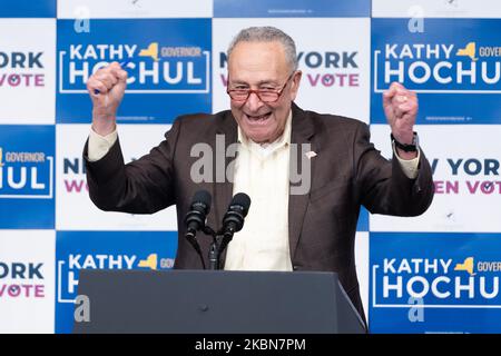 New York, US, 03/11/2022, Senator Charles Schumer speaks during election campaign rally for Governor Kathy Hochul organized by Columbia U Democrats at Barnard College in New York on November 3, 2022. Rally billed as Women's Rally, featured all female elected officials speakers: Attorney General Letitia James, Congresswoman Carolyn Maloney, Congresswoman Nydia Velasquez, State Senate speaker Andrea Stewart-Cousins, city council speaker Adrienne Adams, former Secretary Hillary Clinton, Vice President Kamala Harris, and only man, Senate Majority Leader Charles Schumer. (Photo by Lev Radin/Sipa US Stock Photo