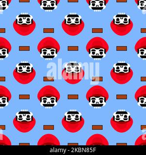 Mustachioed plumber skull pattern seamless. Ornament of kids fabric Stock Vector
