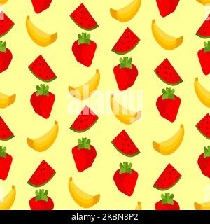 Fruits pattern seamless. Fruit isometric style set background. watermelon and Strawberry and banana. Ornament of kids fabric Stock Vector