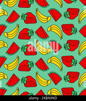 Fruits pattern seamless. Fruit isometric style set background. watermelon and Strawberry and banana. Ornament of kids fabric Stock Vector
