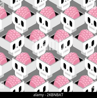 Skull with brain pattern seamless isometric style icon. Cranium with brains background. cartoon Ornament of kids fabric Stock Vector