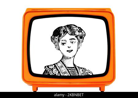 Vintage old 1970s Orange TELEVISION with a lady TV announcer in engraving style Stock Photo