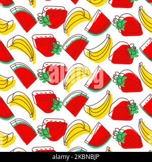 Fruits pattern seamless. Fruit isometric style set background. watermelon and Strawberry and banana. Ornament of kids fabric Stock Vector