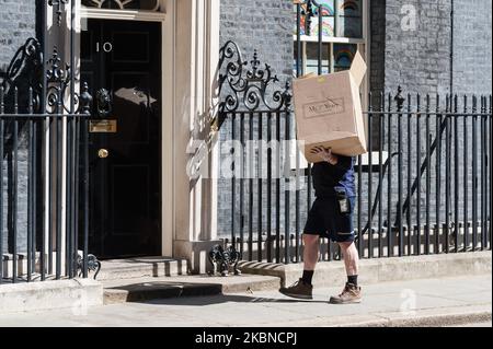 A box from 'My 1st Years', a company specializing in personalised baby gifts, is delivered to 10 Downing Street following the birth of Boris Johnson and Carrie Symonds' child last week on 06 May, 2020 in London, England. Tomorrow, Boris Johnson is expected to extend the UK's nationwide lockdown imposed on March 23 to slow down the spread of the Coronavirus disease. (Photo by WIktor Szymanowicz/NurPhoto) Stock Photo