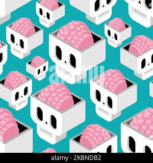 Skull with brain pattern seamless isometric style icon. Cranium with brains background. cartoon Ornament of kids fabric Stock Vector