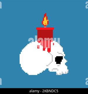 Skull with candle pixel art. 8 bit Magic candle for the ritual. pixelated Witch accessory Stock Vector