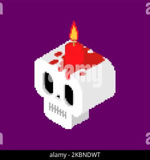 Skull with candle pixel art. 8 bit Magic candle for the ritual. pixelated Witch accessory Stock Vector