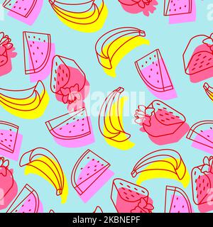 Fruits pattern seamless. Fruit isometric style set background. watermelon and Strawberry and banana. Ornament of kids fabric Stock Vector