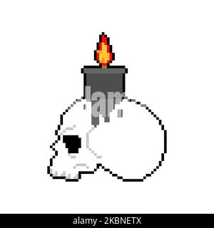 Skull with candle pixel art. 8 bit Magic candle for the ritual. pixelated Witch accessory Stock Vector