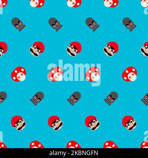 Mustachioed plumber video game pattern. Ornament of kids fabric Stock Vector
