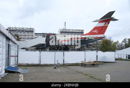 Leipzig, Germany. 04th Nov, 2022. A retired IL 62 aircraft of the GDR airline Interflug on the site of a former restaurant. The terrain is now being used as refugee accommodation. The dormitory is to house around 150 people from different countries of origin from mid-November 2022. Credit: Sebastian Willnow/dpa/Alamy Live News Stock Photo