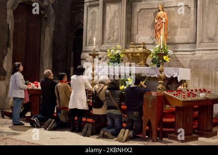 View of Sao Domingos's chuch in Lisbon, Portugal, on April 17, 2014. It is a church located in the Santa Justa neighborhood, Lisbon, Portugal. It was built in 1241. In 1959 there was a great fire, when it is visited you can still notice the impacts of the fire. (Photo by Oscar Gonzalez/NurPhoto) Stock Photo